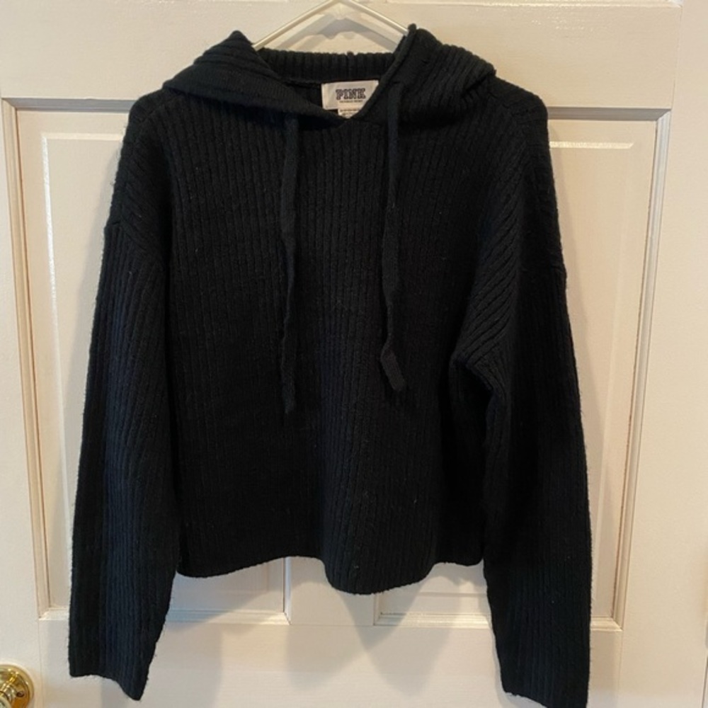 PINK VICTORIAS SECRET BLACK CROPPED HOODED SWEATER SIZE EXTRA SMALL